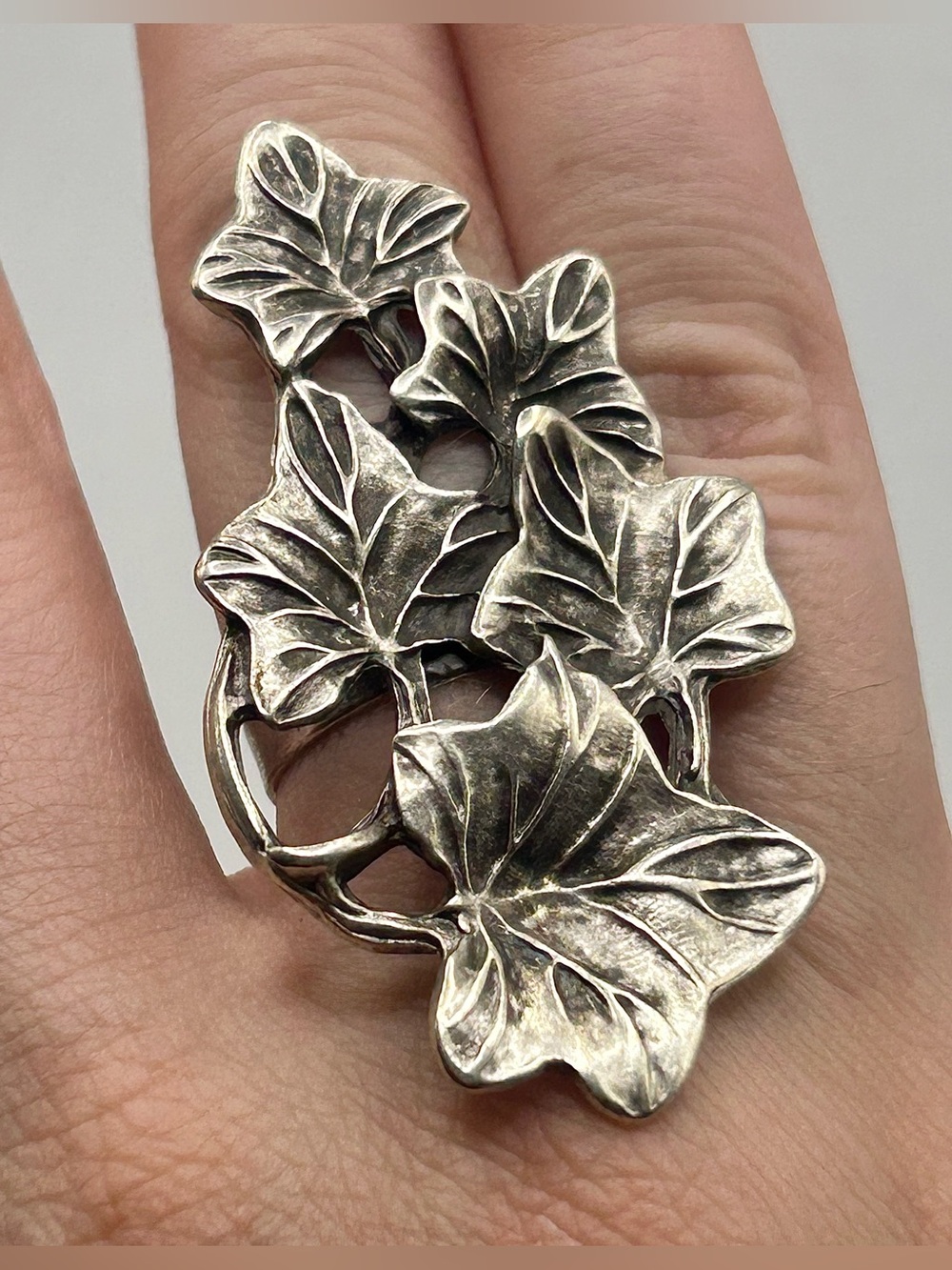Large Silver Tone Leaf Statement Ring - Adjustable Plant Jewelry